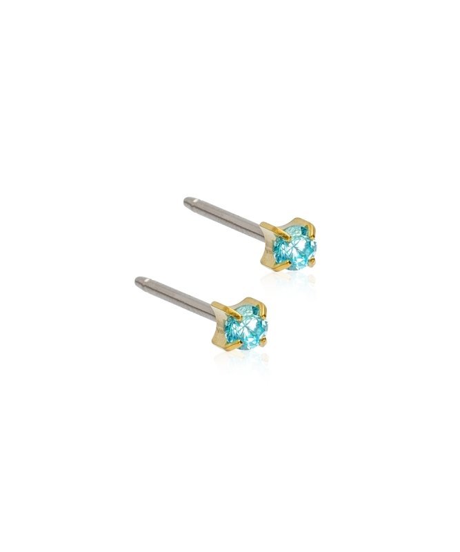 Oorbellen Blomdahl titanium knopje 3 mm. zirconiasteentje goudkleurig aquamarine (incl. achterkantjes)